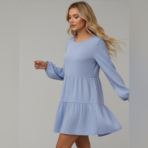 Blue Striped Lantern Sleeve Ruffle Hem Smock Dress - Picture 3 of 9
